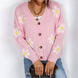 V-Neck Floral Single-Breasted Knit Cardigan