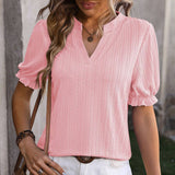 Solid Color V Neck Ear Of Wheat Short Sleeved Top_Cwtts0898