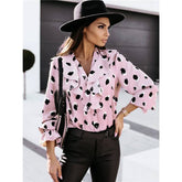 V-Neck Button-Down Long-Sleeved Printed Shirt