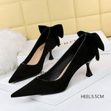 Women Suede Shallow Pointed Toe Bow High Heels
