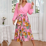 V-Neck Print Long-Sleeved Pleated Dress
