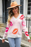 Women Lips Pattern V Neck Casual Sweater_Cwoswl1554
