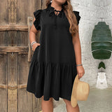 CHIC RUFFLE NECKLINE TIE WAIST VACATION DRESS_CWDMD6059