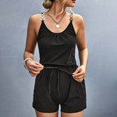 Pleated Patchwork Metal Halter Romper