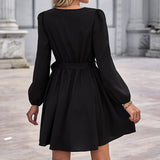 V-Neck Slim-Fit Lace-Up Long-Sleeved Dress