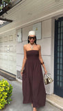 Solid-Color Strapless Waist-Cinching Long Dress