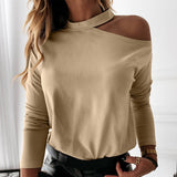 Solid Color Long Sleeve Halter Patchwork T-Shirt
