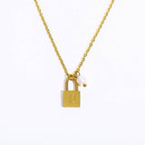 STAINLESS STEEL LETTER PEARL LOCK PENDANT NECKLACE_CWMM5298