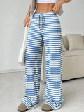 Striped Rubber String Cotton Straight Leg Pants