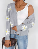 V-Neck Floral Single-Breasted Knit Cardigan