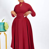 FASHIONABLE PLEATED PLUS SIZE SWING SKIRT DRESS_CWDMD3665