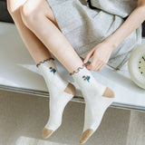 White Coffee Color Floral Print Crew Socks_Cwms0298
