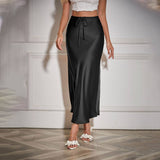 SATIN LONG SKIRT HIGH WAIST DRAWSTRING SKIRT_CWAB4792