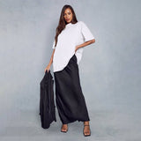 SATIN LONG SKIRT HIGH WAIST DRAWSTRING SKIRT_CWAB4792