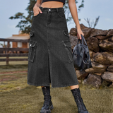 Wome Casual Denim Midi Skirt Elastic Waist_Cwjsk0204