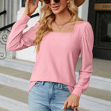 Square Collar Jacquard Long-Sleeved Loose T-Shirt