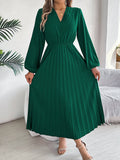 Triple V-Neck Long-Sleeved Waist Pleated Dress
