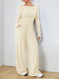 Solid-Color Long-Sleeved Wide-Leg Long Pants Set