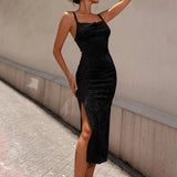 Womens Sexy Velvet Cami Dress With Side Slit