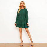Solid Color Pinched Waist Long Sleeve Dress