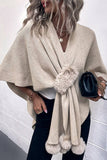 Cwocas0052_Solid Color Wool Ball Cape Knitted Shawl