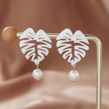 White Hollow Leaf Pearl Earrings