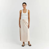 SATIN LONG SKIRT HIGH WAIST DRAWSTRING SKIRT_CWAB4792