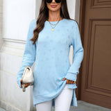 Solid-Color Round-Neck Long-Sleeved Slit T-Shirt