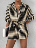 Striped Lapel Belted Shorts Short Sleeved Onesie