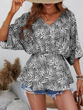 V-Neck Bat-Sleeve Loose Waist Print Pullover Top