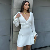 Solid Color Deep V Drawstring Pleated Dress