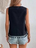 V-Neck Embroidered Stitching Hem Beard Blouse