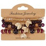 Cwmm10456_Boho Leaf Charm Multi Layer Beaded Bracelet