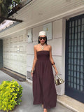Solid Color Line Neckline Waist Long Style Dress