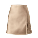 SATIN SKIRT LACE SLIT HIGH WAISTELASTIC SHORTSKIRT_CWBSS0399