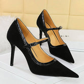 RETRO BLACK SUEDE SHALLOW POINTED TOE HIGH HEELS_CWSHH0111