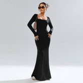 Square Neck Solid Color Knit Skirt With Hip Wrap