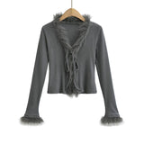 Woolly Patchwork Strap Slim-Fit V-Neck Cardigan