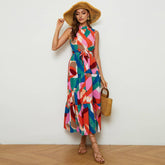 Stand Collar Print Boho Holiday Sleeveless Dress