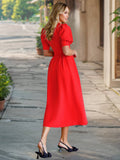 Solid-Color V-Neck Lantern Sleeve Fitted Dress