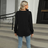 Solid Color U-Neck Pleated Long Sleeve Top
