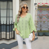 V-Neck Diamond Check Cutout Horn Sleeve T-Shirt