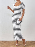 Striped Patchwork Short-Sleeved U-Neck Dress