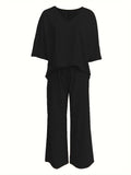 V-Neck Bat-Sleeve Loose Wide-Leg Pants Set