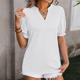 Solid Color V Neck Ear Of Wheat Short Sleeved Top_Cwtts0898