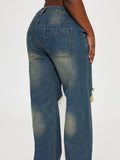 Vintage Heavy Wash Knee Hole Wide-Leg Denim Pants