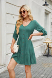 Solid Color Crew-Neck Button Mid-Length Dress