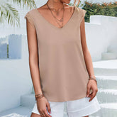 V Neck Lace Patchwork Casual Sleeveless Top_Cwtstsl0049