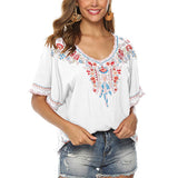 Womens Boho Spring Summer Embroidered Blouse