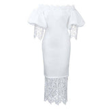 BOAT NECK LACE PATCHWORK LANTERN SLEEVE DRESS_CWDMD3683